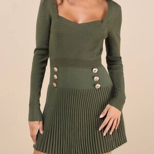 Lulus Chicest Crush Olive Ribbed Long Sleeve Mini Sweater Dress Green - Size L